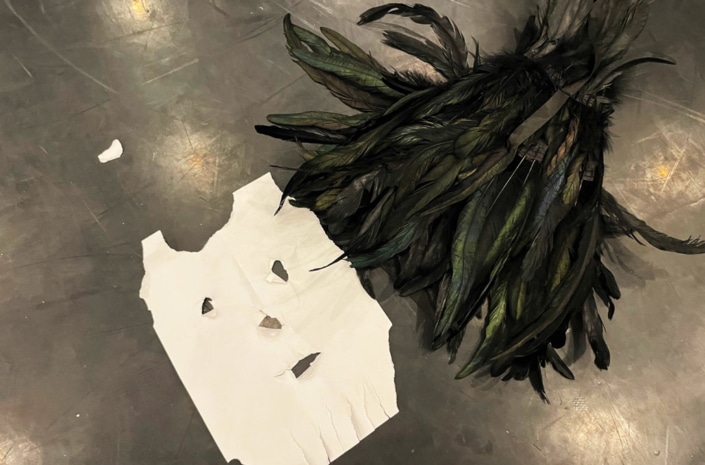 IFANT_Werkraum-Theater02 Auf dem Theaterboden liegen zusammengebunden grüne lange schmale Blätter neben einem Blatt weißem Papier, in das Löcher gerissen sind, so dass es aussieht wie ein Gesicht.